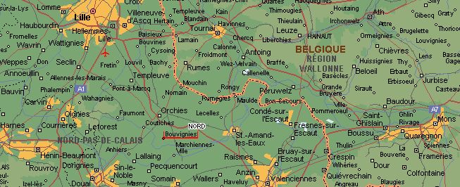 Carte du Nord de la France: Bouvignies, Marchiennes, Orchies, Flines, Lille, Valenciennes, etc.